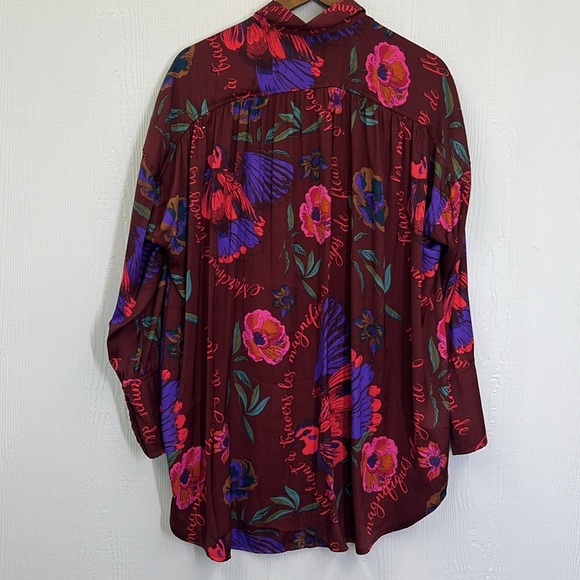 Free People - Silky NIghts Fun Print  Button Down Long Sleeve Oversized Blouse S - Picture 10 of 11